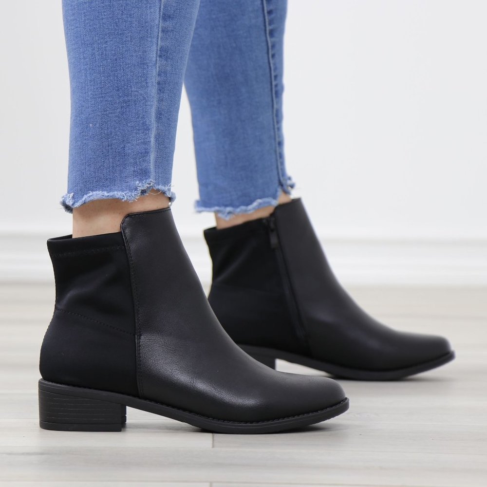 Black Dual Material Round Toe Low Heel Ankle Boots - Picture 5 of 12